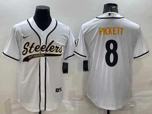 Mens Pittsburgh Steelers #8 Kenny Pickett White With Patch Cool Base Stitched Baseball Jersey